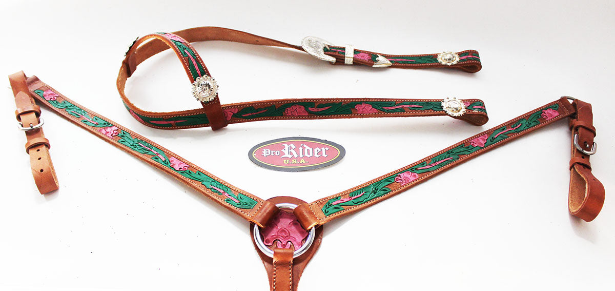 Show Tack Horse Bridle Western Leather Headstall Breast Collar Green 8234