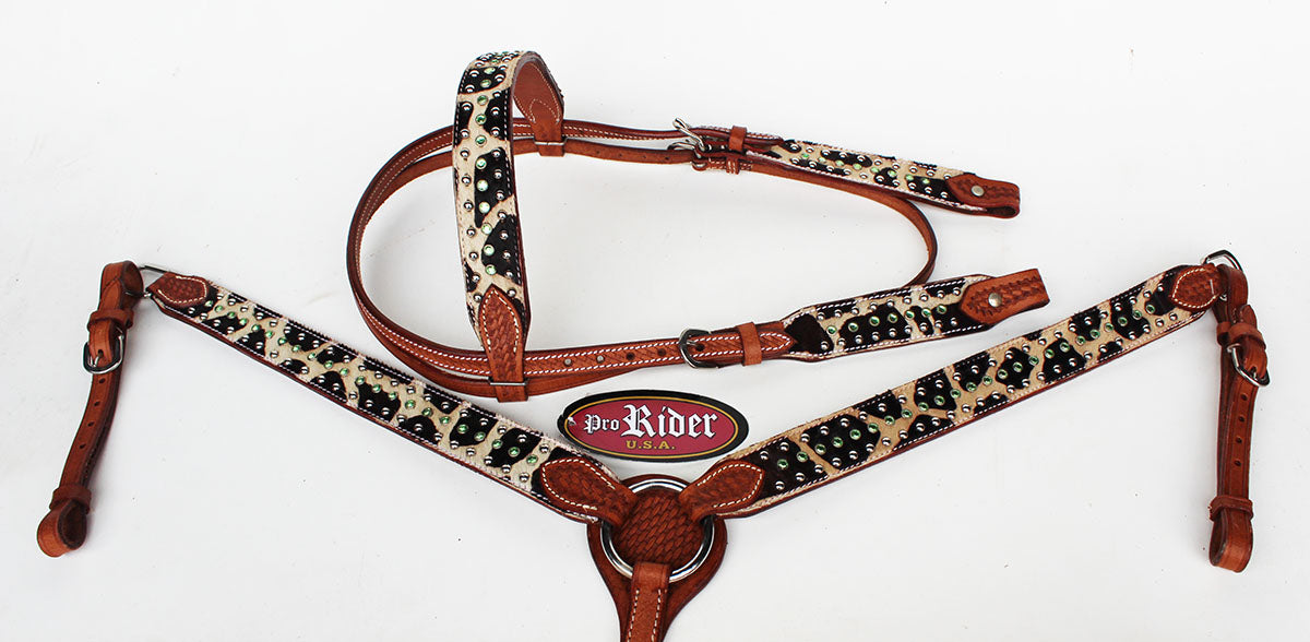 Show Tack Horse Bridle Western Leather Headstall Breast Collar Green 8251