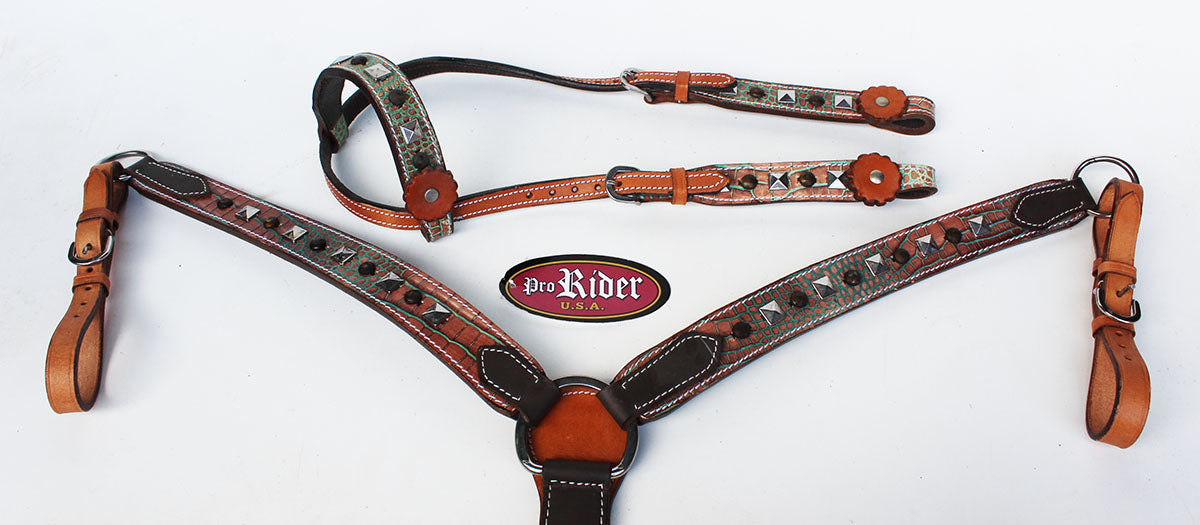 Show Tack Horse Bridle Western Leather Headstall Breast Collar Green 8261