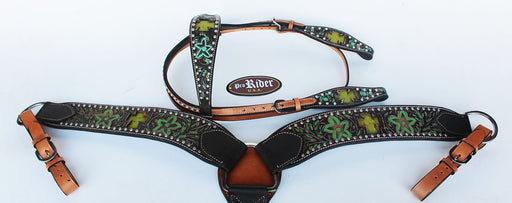 Show Tack Horse Bridle Western Leather Headstall Breast Collar Green 8265