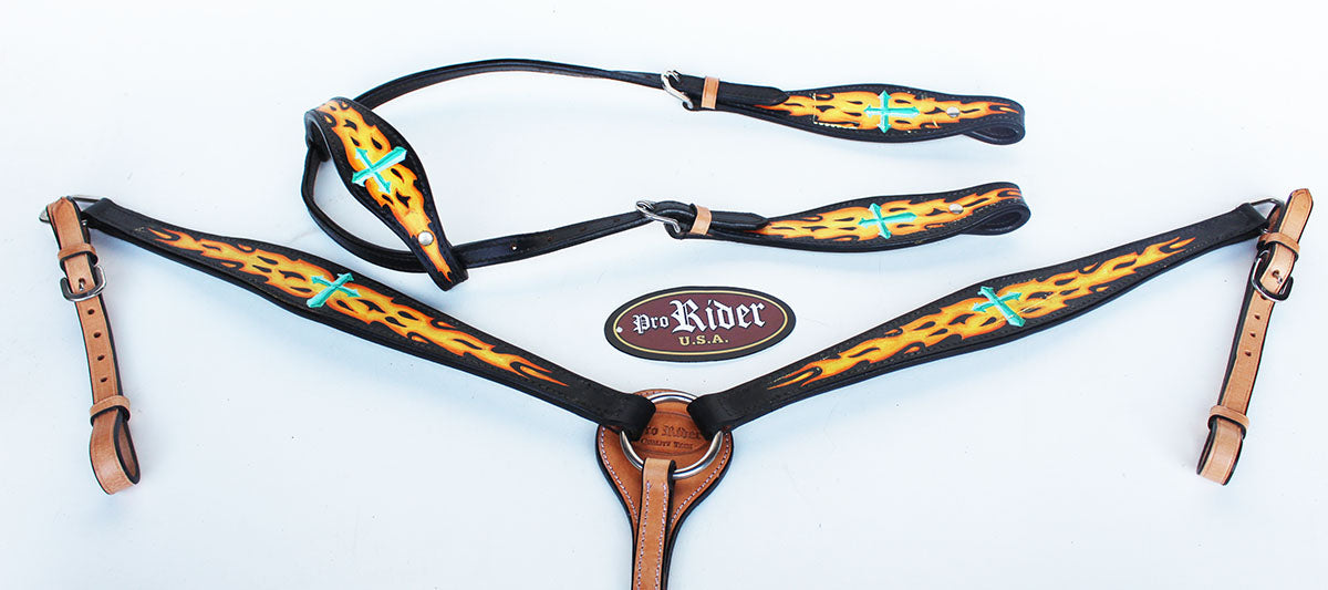 Horse Tack Bridle Western Leather Headstall Breast Collar Lime Green Cross 8279A