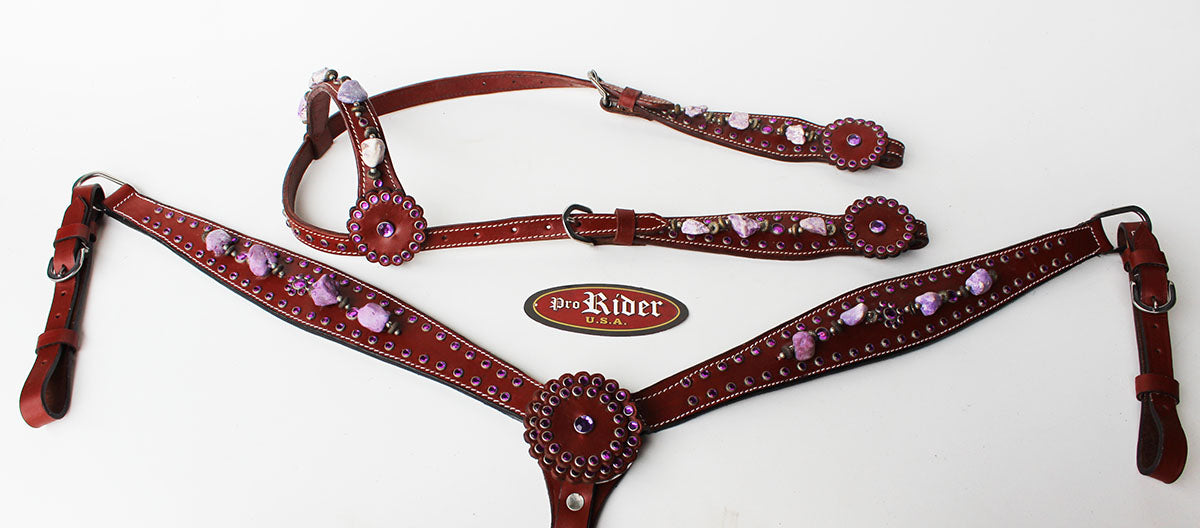 Horse Show Tack Bridle Western Leather Headstall Breast Collar Purple  8302