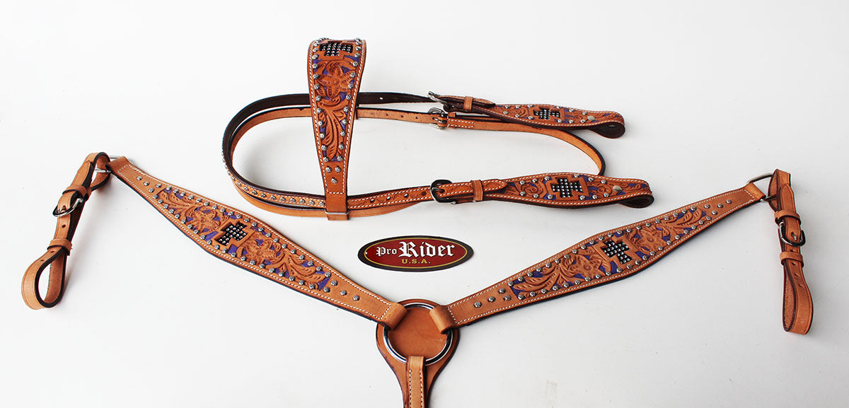Horse Show Tack Bridle Western Leather Headstall Breast Collar Purple Rodeo 8310