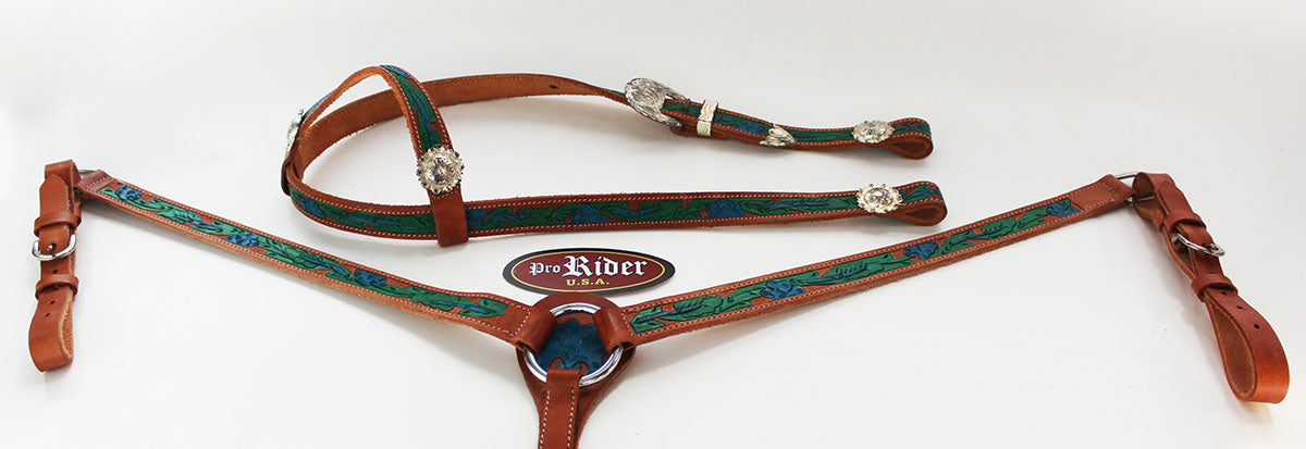 Horse Show Tack Bridle Western Leather Headstall Breast Collar Blue 8432