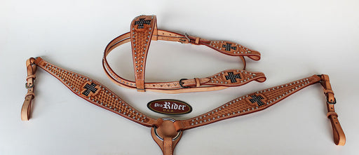 Show Tack Bridle Western Leather Rodeo Crystal Cross  Headstall Breast Collar Set 8568