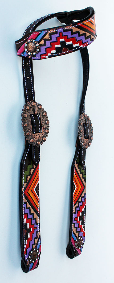 Horse Tack Bridle Western Leather Headstall Dark Brown Hand Painted 8851HA