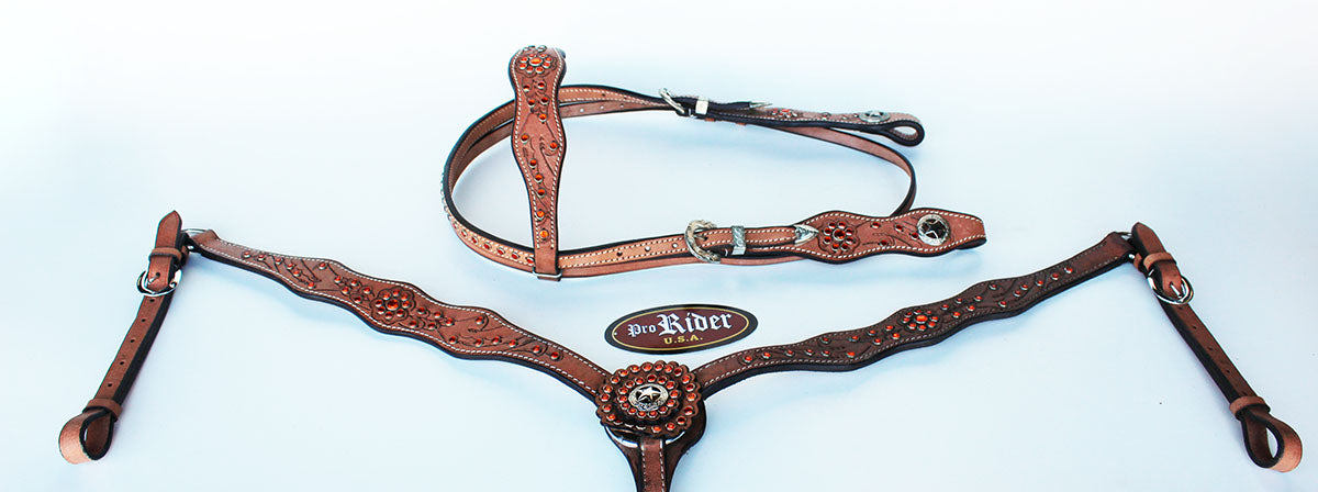 Horse Show Tack Bridle Western Leather Headstall Breast Collar Reins Orange 8918