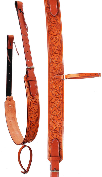 36" Western Horse Oiled Tan Leather Floral Tooled Rear Flank Saddle Cinch with Billets 97109TN
