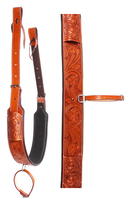 Horse Handcrafted 3" Wide Floral Tooled Oiled Padded Leather Rear Flank Saddle Cinch Girth with Billets 97122