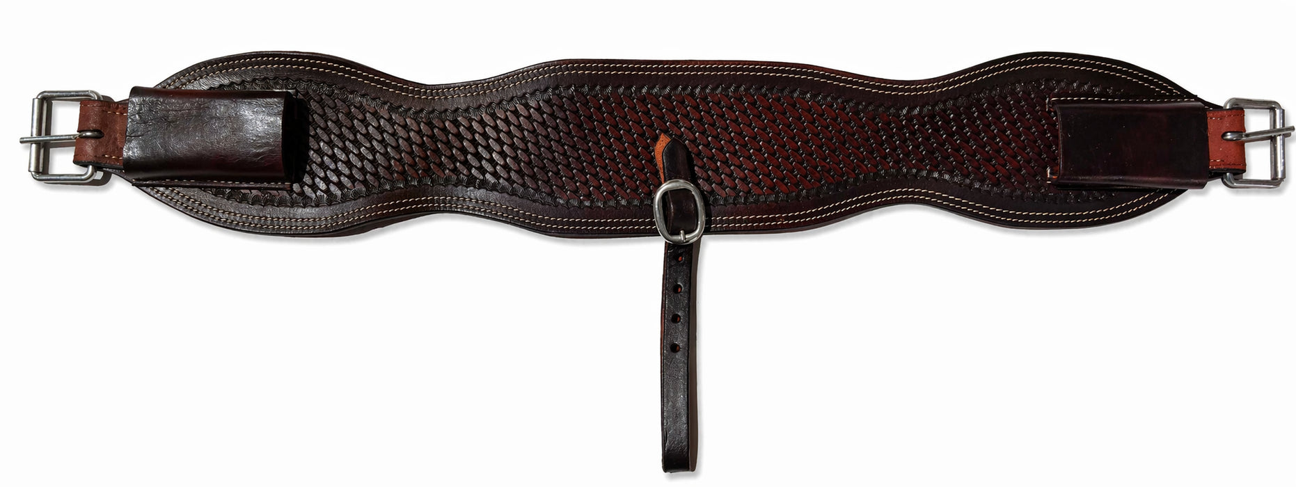 34" Western Leather Flank Cinch 5" Wide Basket Weave Tooled Brown w/ Billets Horse Saddle Tack