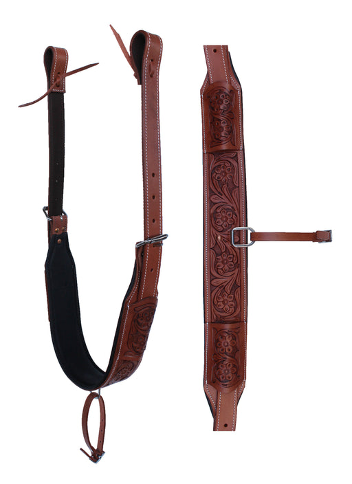 Horse Western Floral Tooled Leather Rear Flank Saddle Cinch w/ Billets 9788