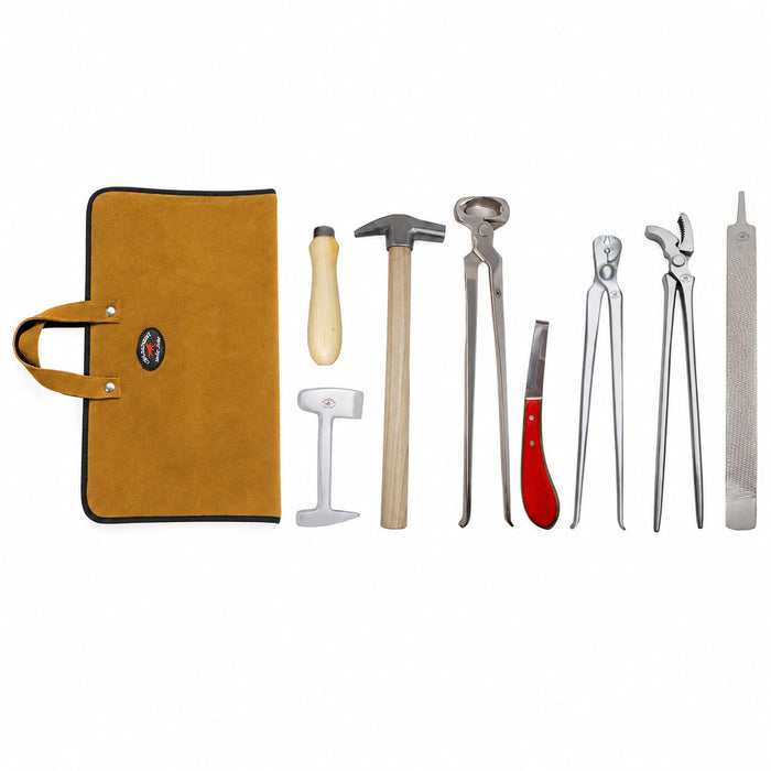 Challenger 8-Piece Farrier Tool Kit Hoof Trimming Set with Suede Carry Bag Standard Horse Size Tan 984GA02