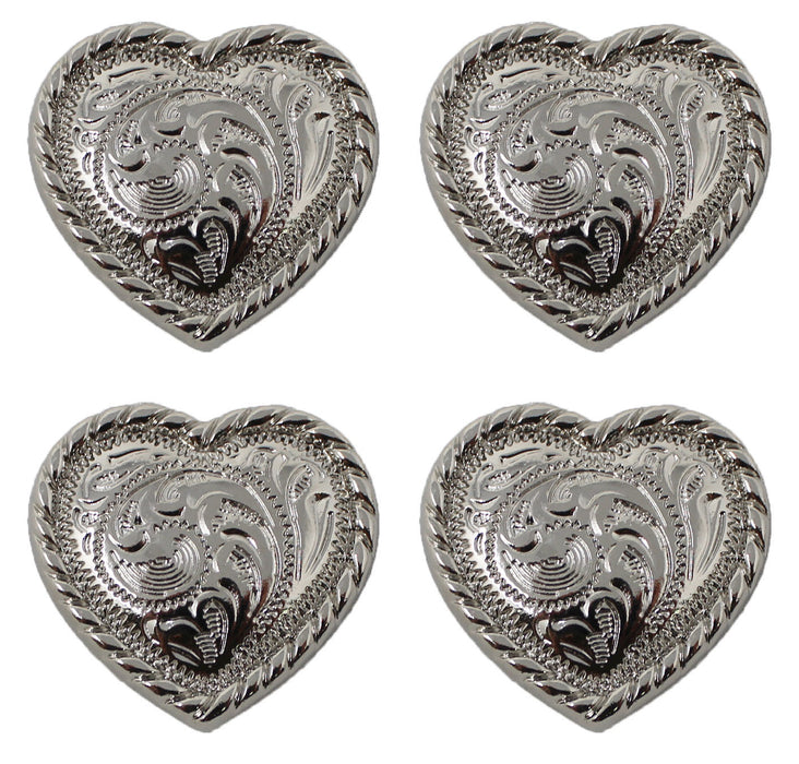 4 Concho Horse Saddle Western Bridle Tack Bright Silver Heart Rope 1" CO231