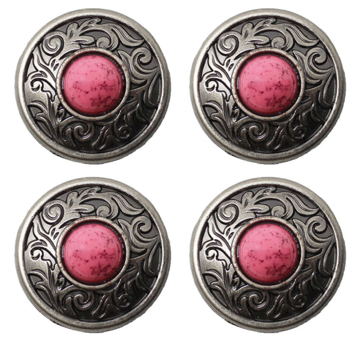 1" Set of 4 Western Saddle Tack Belt Silver Engraved Pink Stone Conchos CO107