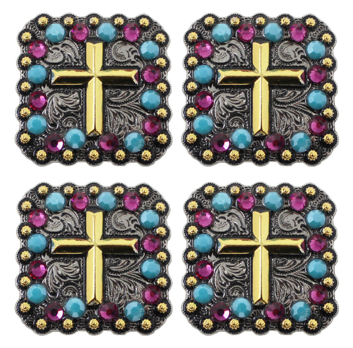 Set of 4 Conchos Rhinestone Horse Saddle Western Bridle Berry Cross CO140
