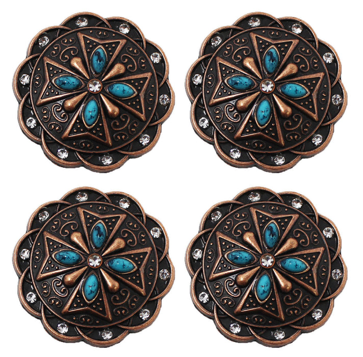 Set of 4 Screw Back Western Copper Turquoise Rhinestone Conchos CO224