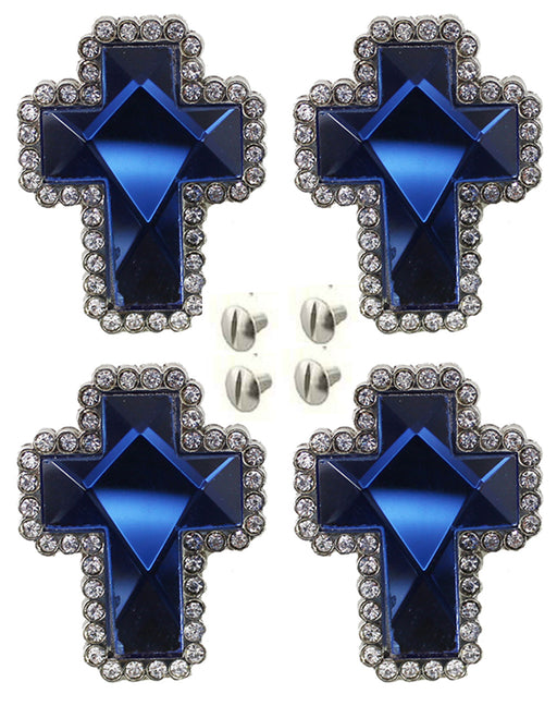 Lot of 4 Conchos Rhinestone Western Horse Saddle Bridle Tack Blue Cross CO393