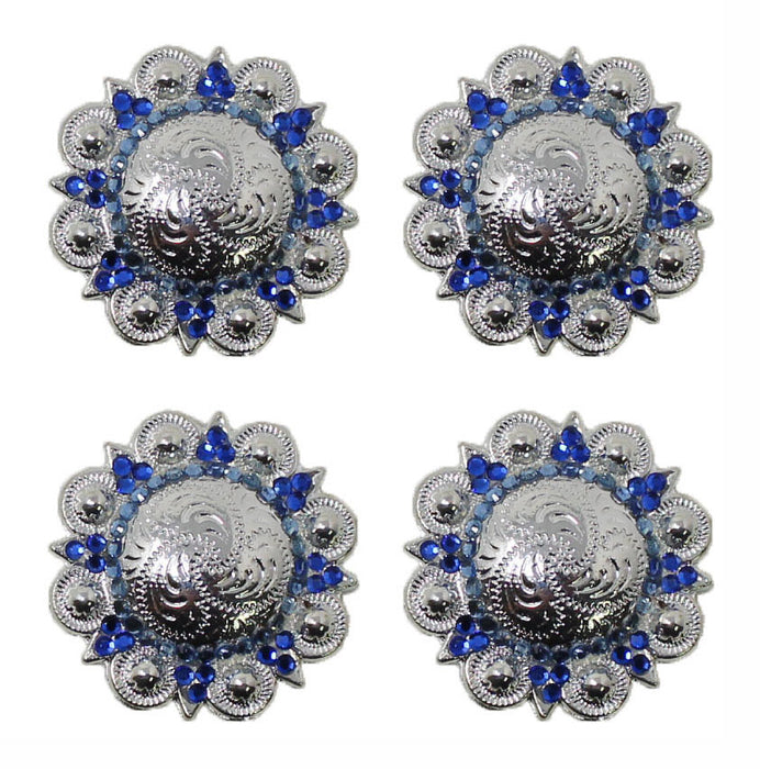 Set of 4 Screw Back 1-1/4" Blue Rhinestone Western Tack Conchos CO40