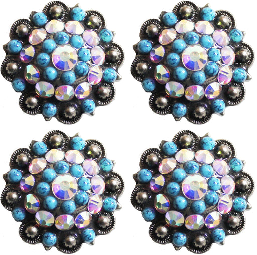 LOT of 4 1-1/4" Conchos Rhinestone Horse Saddle Western Bridle Turquoise CO406