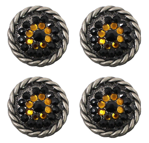 Set of 4 Western Tack Screw Back 1" Engraved Conchos w/ Yellow Rhinestones CO437