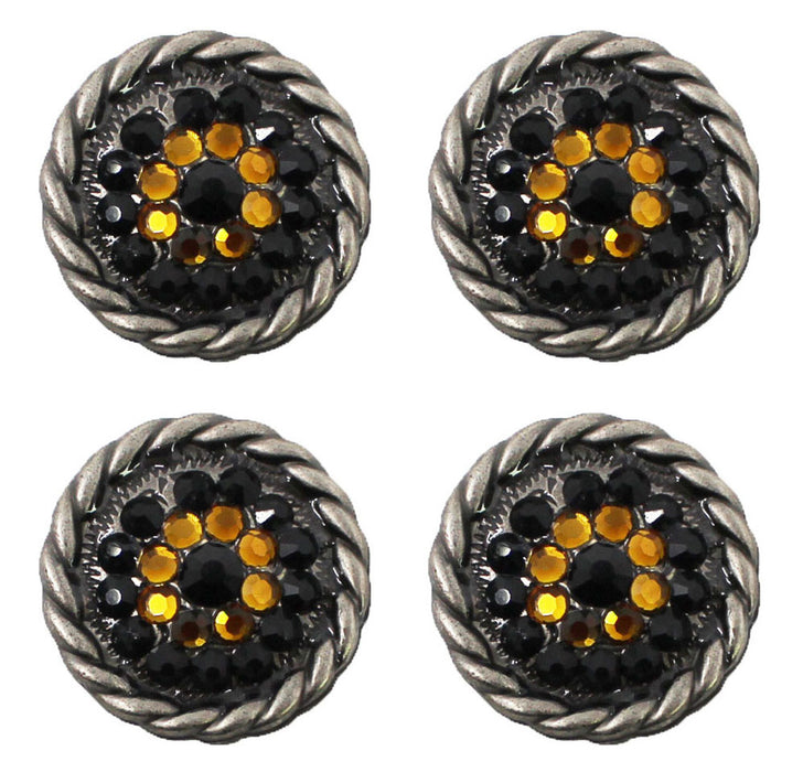 Set of 4 Western Tack Screw Back 1" Engraved Conchos w/ Yellow Rhinestones CO437