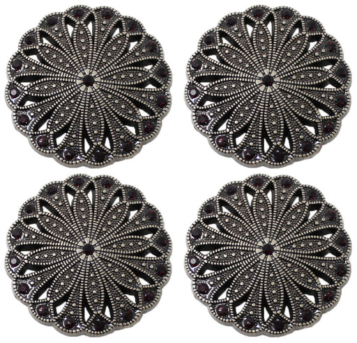 Set of 4 Conchos Western Saddle Tack Antique Silver Rhinestones Co538