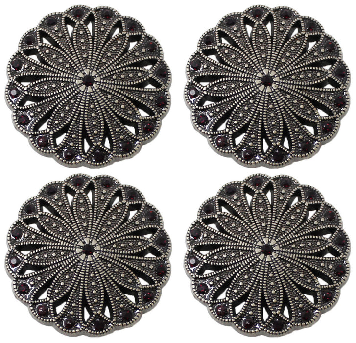Set of 4 Conchos Western Saddle Tack Antique Silver Rhinestones Co538