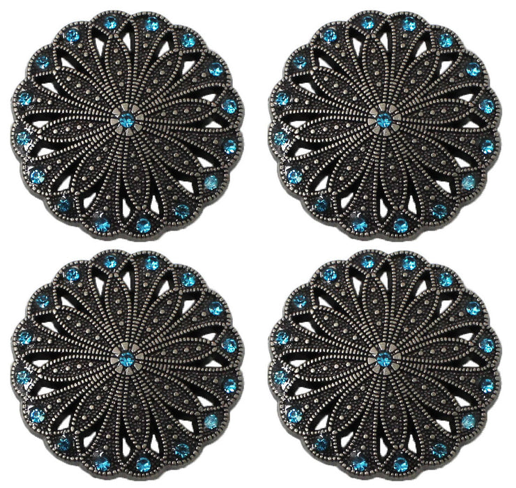 Set of 4 Conchos Western Saddle Tack Antique Silver Rhinestones Co539