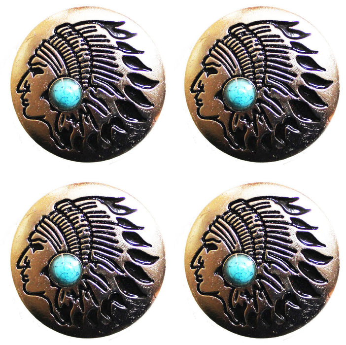 Set of 4 Western Saddle Tack Conchos w/ Engraved Chief Head Turquoise CO540