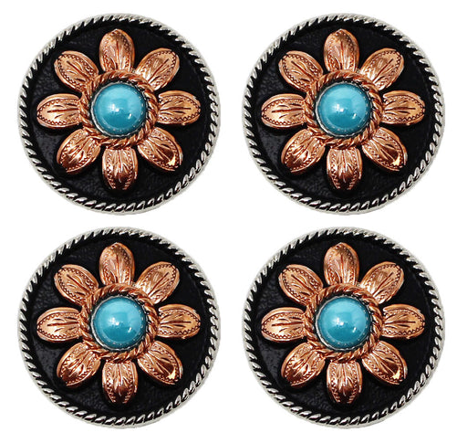 Set of 4 Screw Back Copper Flower Engraved Conchos w/ Turquoise Stone CO546