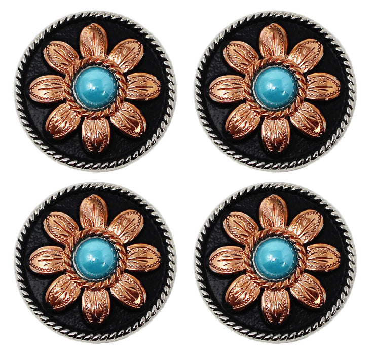 Set of 4 Screw Back Copper Flower Engraved Conchos w/ Turquoise Stone CO546