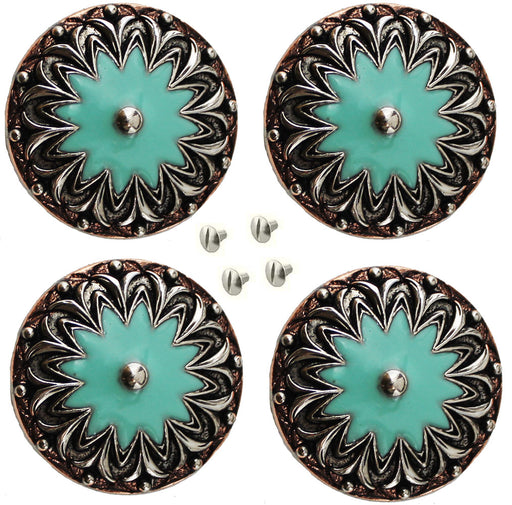 Set of 4 Conchos Western Saddle Tack 1-1/4" Copper Flower Engraved Turquoise Co555