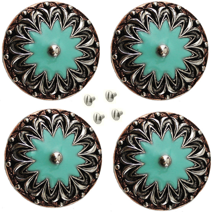 Set of 4 Conchos Western Saddle Tack 1-1/4" Copper Flower Engraved Turquoise Co555