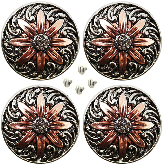 Set of 4 Conchos Western Saddle Tack 1-1/4" Engraved Copper Floral Co564