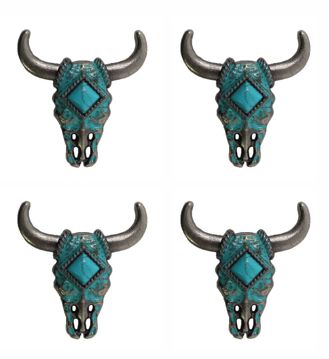 Set of 4 Screw Back 1-1/2" Western Tack Turquoise Cow Skull Conchos CO570