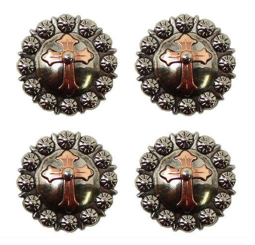 Set of 4 Screw Back 1-1/4" Western Tack Two-Tone Cross Engraved Conchos CO577