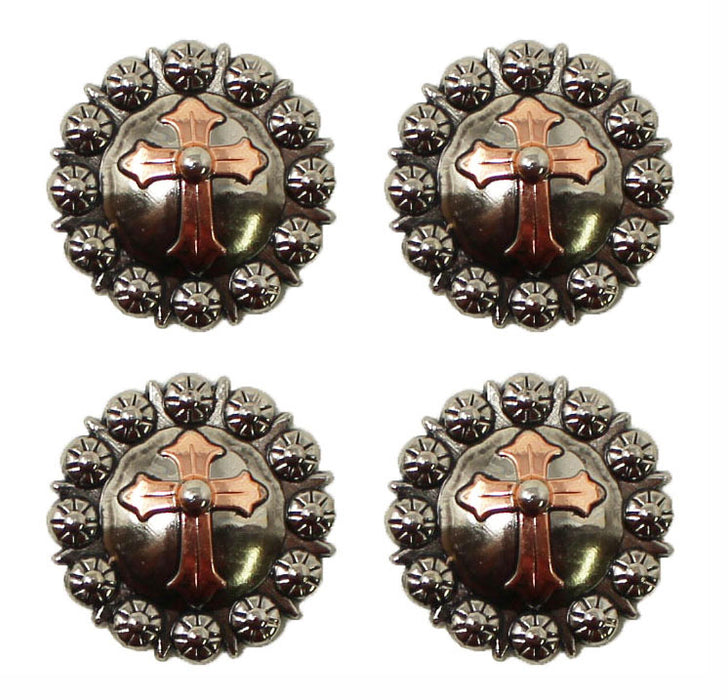 Set of 4 Screw Back 1-1/4" Western Tack Two-Tone Cross Engraved Conchos CO577