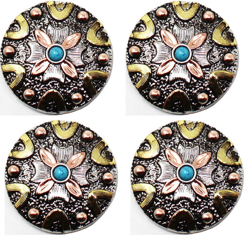 Set of 4 Screw Back Conchos Western Saddle 1-1/4" Engraved Turquoise Stone Co594