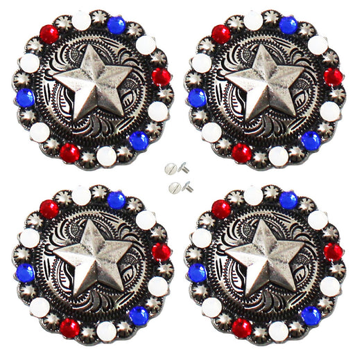 Set of 4 Screw Back Conchos Western Saddle 1-1/4" Silver Star Rhinestone Co596