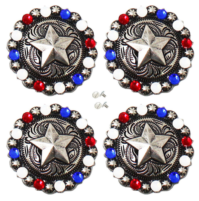 Set of 4 Screw Back Conchos Western Saddle 1-1/4" Silver Star Rhinestone Co596