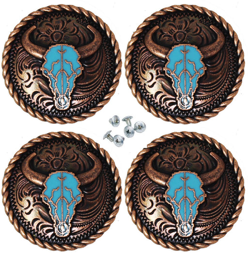 Set of 4 Screw Back Conchos Saddle Turquoise Texas Long Horn Co621