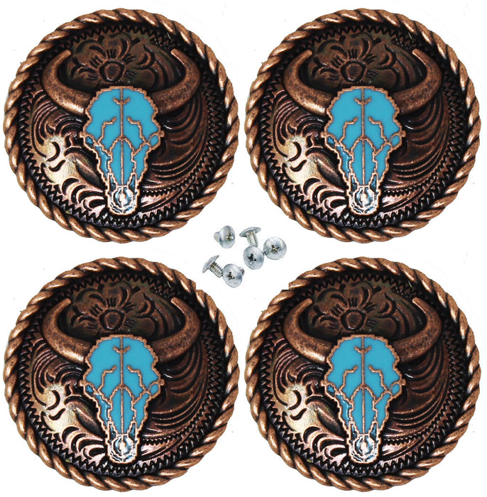 Set of 4 Screw Back Conchos Saddle Turquoise Texas Long Horn Co621
