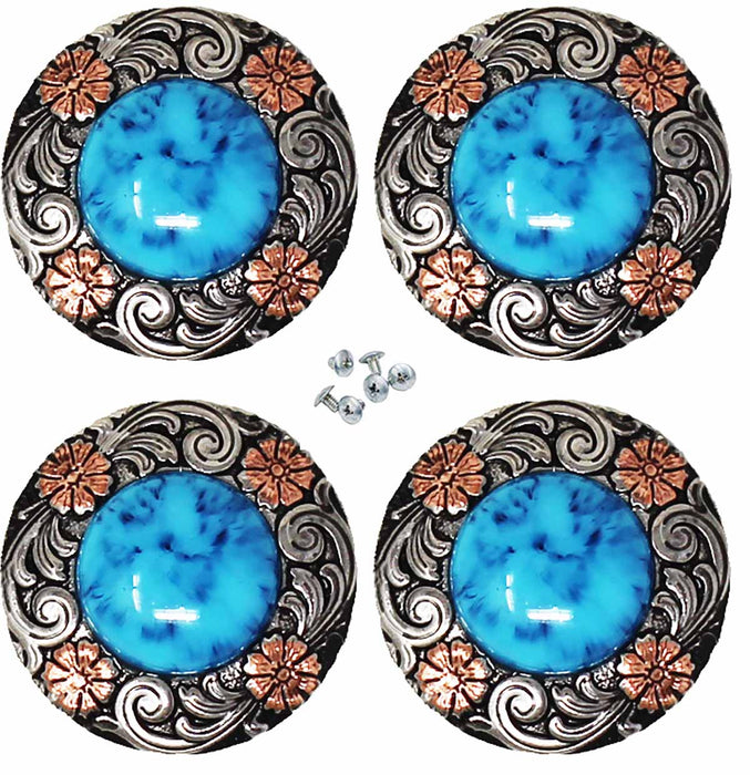 1-1/4" Set of 4 Floral Engraved Turquoise Stone Tack Belt Bag Jewelry Conchos Co638