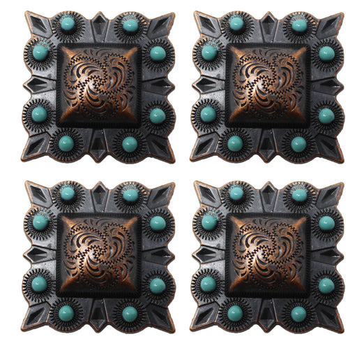 1-1/4" Set of 4 Copper Engraved Turquoise Tack Belt Bag Conchos Screw Back CO64