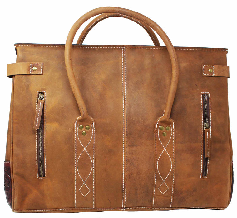 Western Floral Tooled Leather Handwoven Wool Travel Weekender Duffle Bag 103FK02
