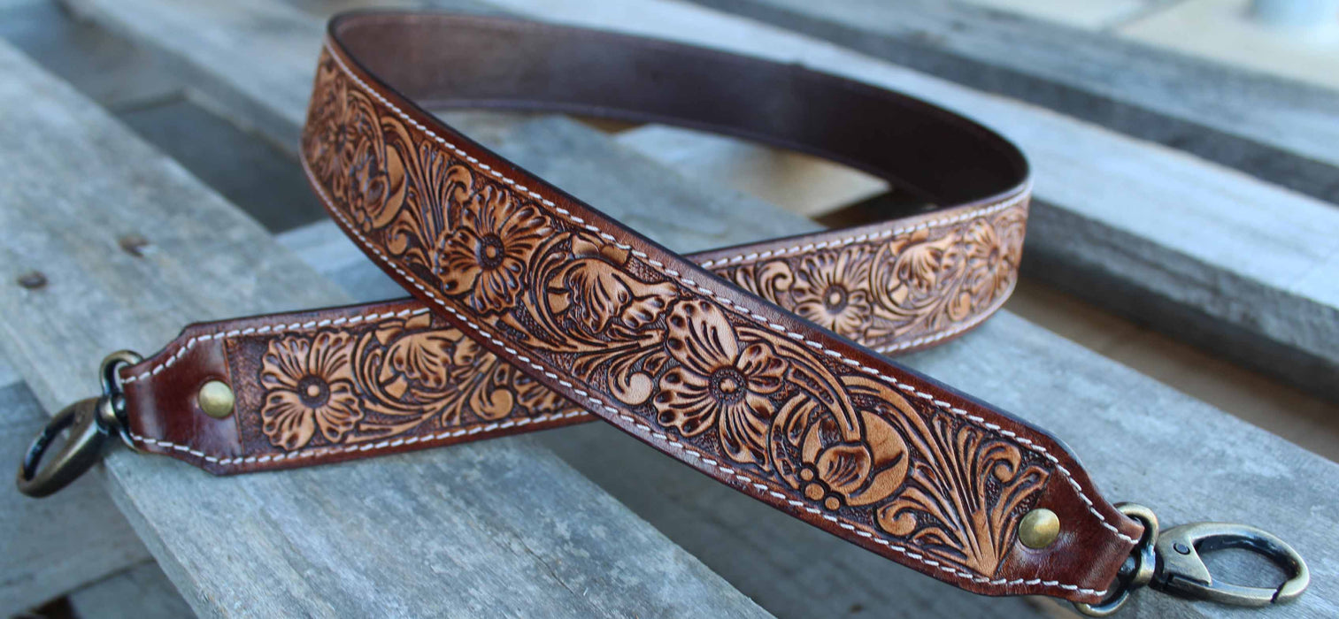 Tooled Leather Purse Strap (Light Brown Feather)