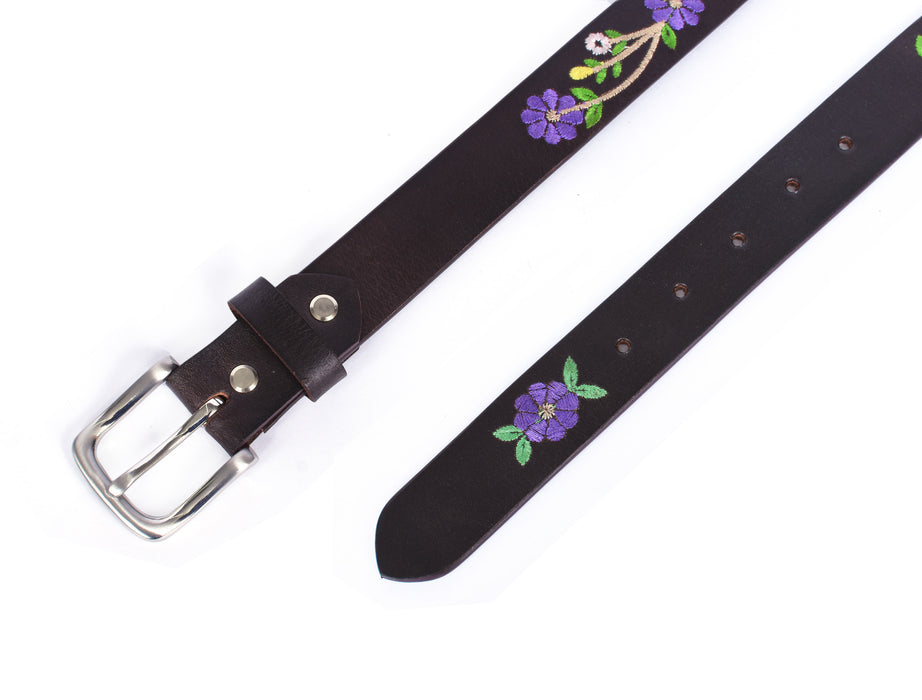 Women's 100% Leather 1 1/4" Wide Purple Floral Embroidered Belt 12AFBT5