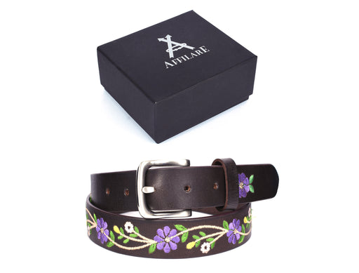 Women's 100% Leather 1 1/4" Wide Purple Floral Embroidered Belt 12AFBT5