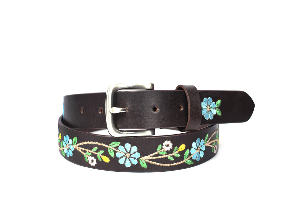 Women's 100% Leather 1 1/4" Wide Purple Floral Embroidered Belt 12AFBT5