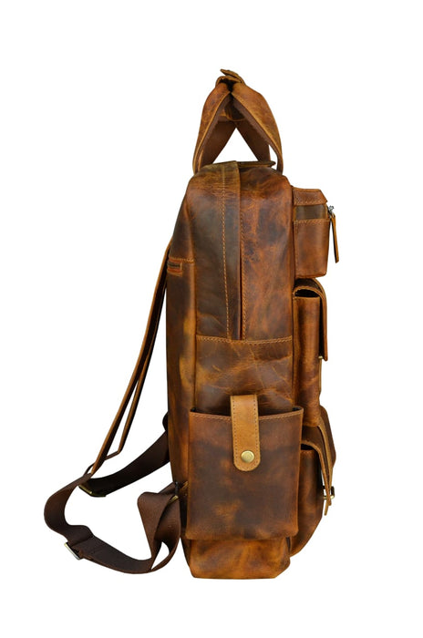 Handcrafted Full-Grain Distressed Tan Leather Vintage Weekender Carry-On Travel  Work Multipocket Backpack 18AXB02TN